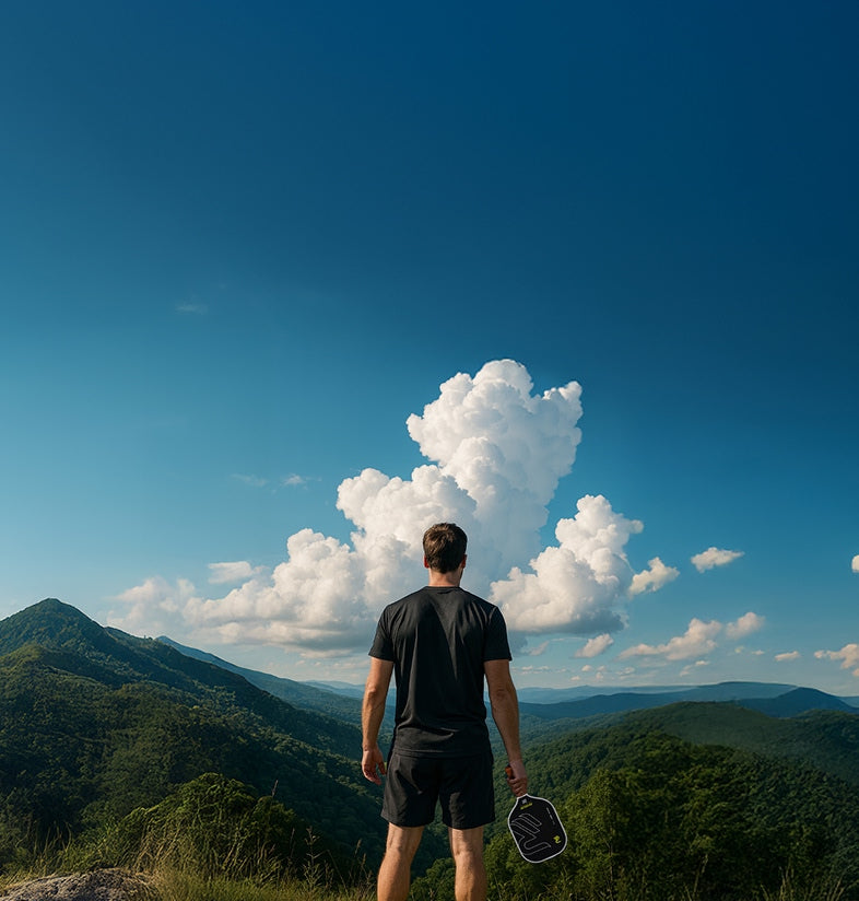 Person standing on a mountain top holding a Revolin paddle looking at a large cloud formation.