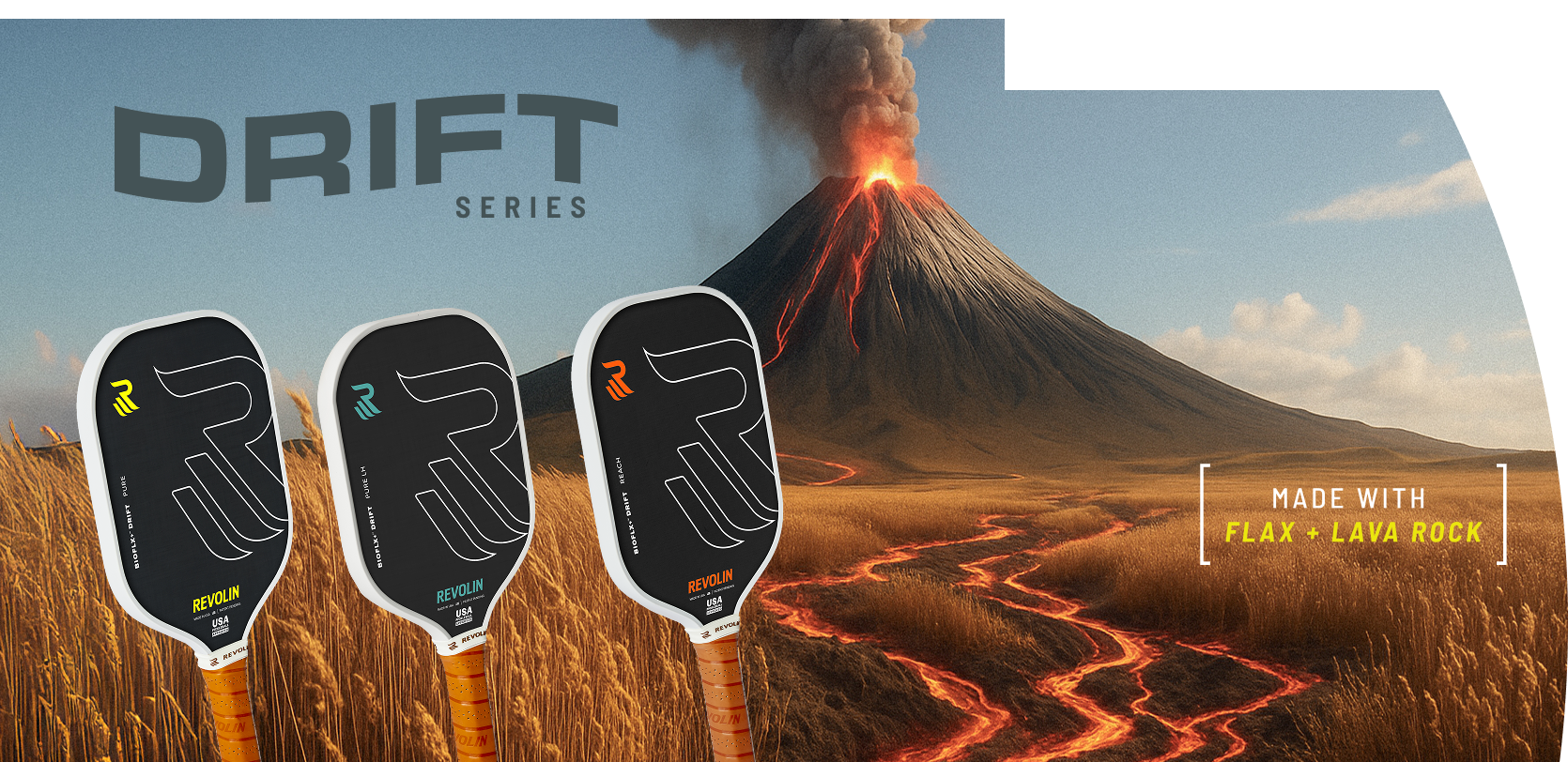 Three pickleball paddles with 'DRIFT' branding against a background of a volcano and lava.