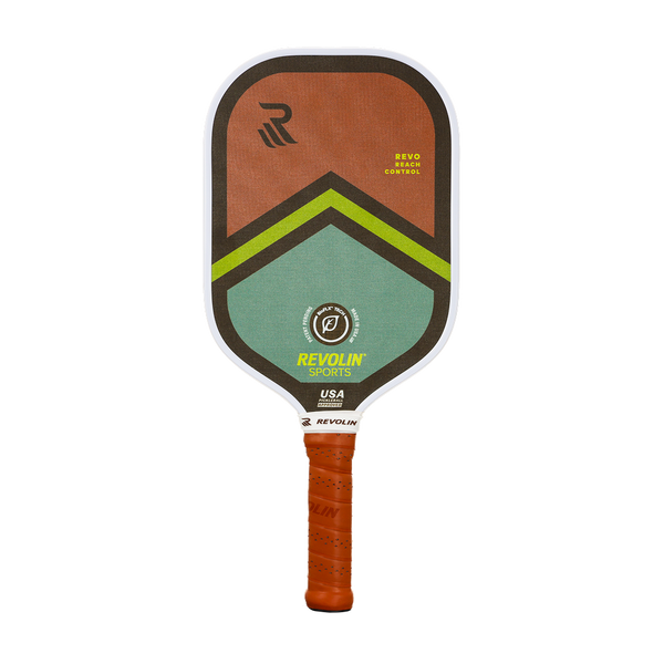 Revolin Revo Reach Control pickleball paddle with orange, green, and black design on a white background