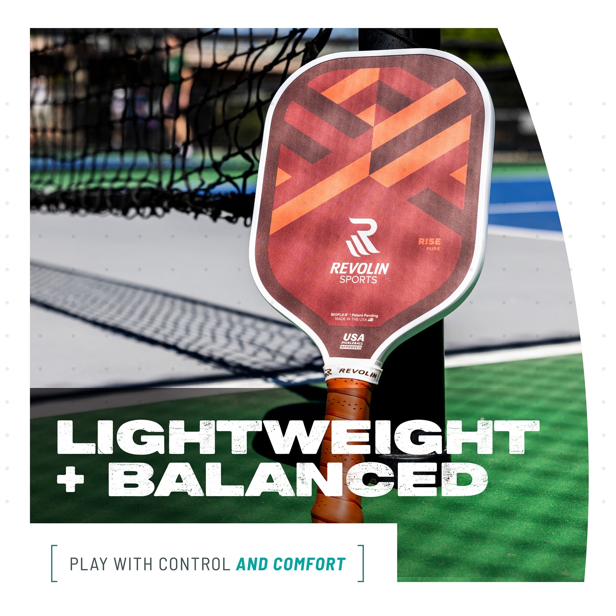Revolin Rise pickleball paddle with text on a sports court background
