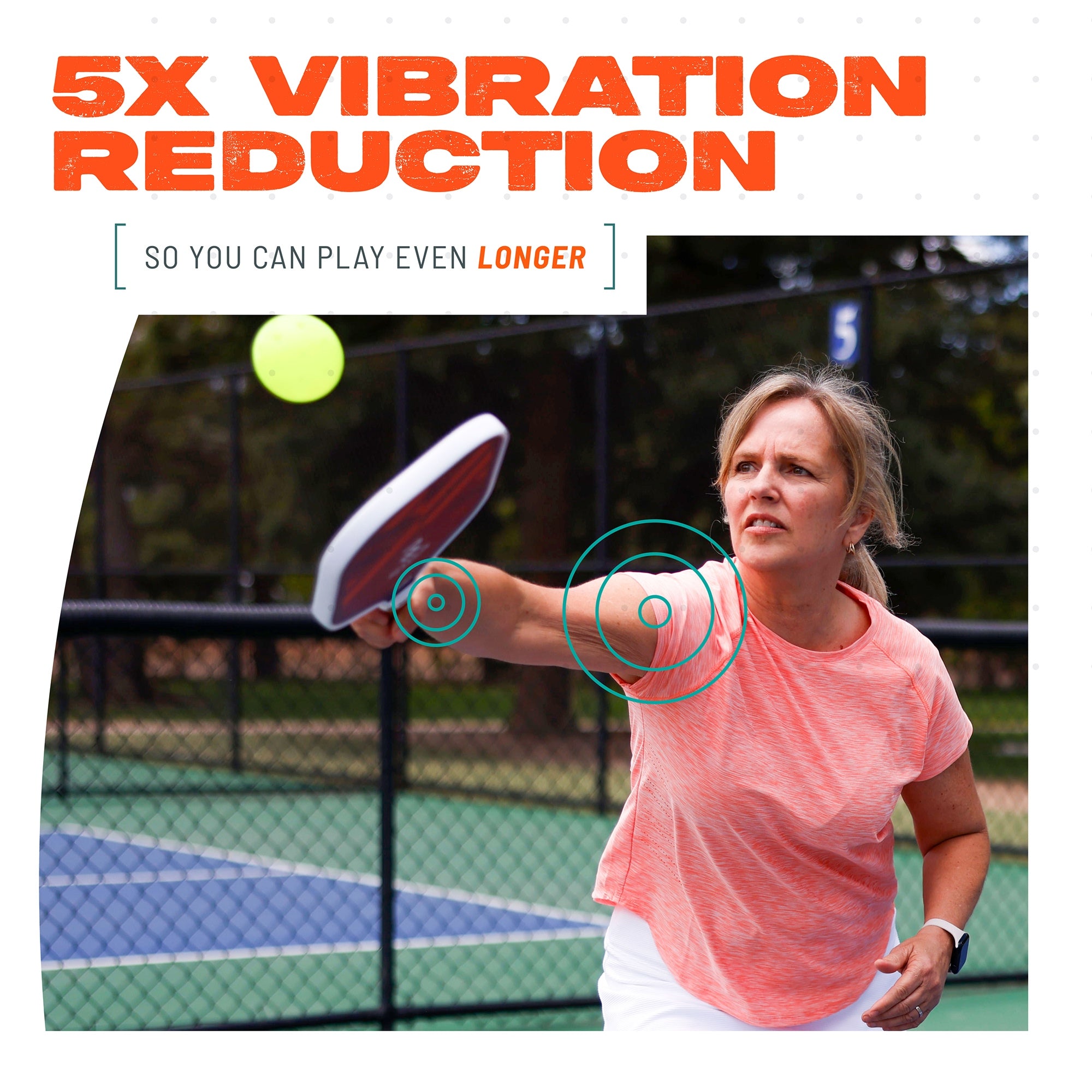 Woman playing pickleball with a Revolin Rise paddle, emphasizing vibration reduction feature.