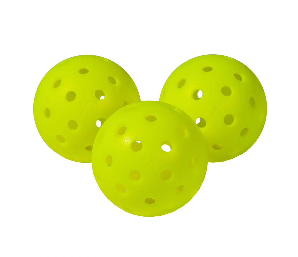 Three yellow pickleballs with hole patterns visible
