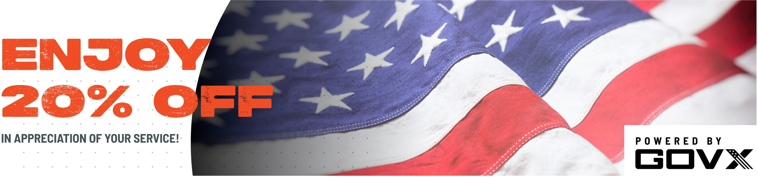 Promotional banner with American flag and 'Enjoy 20% Off' text, featuring the brand 'GOVX'.