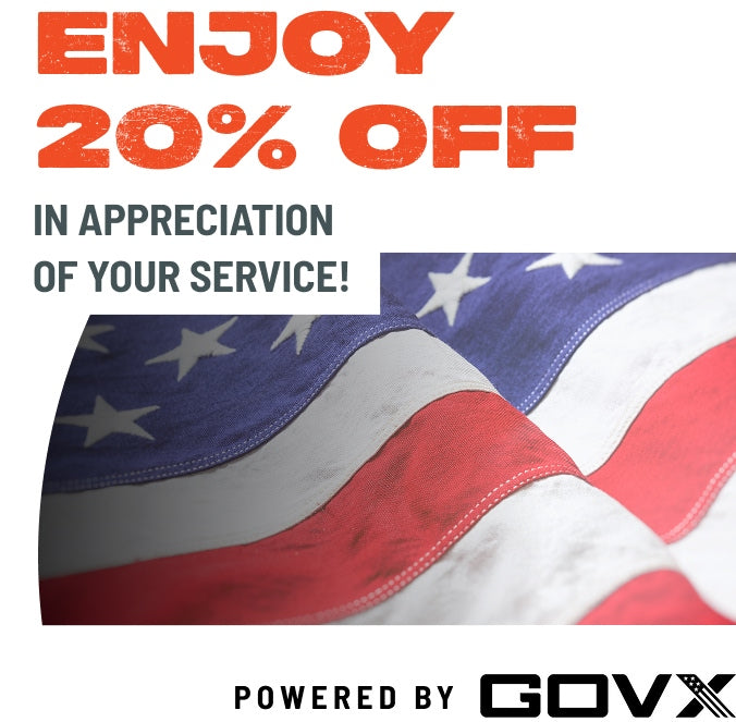 Promotional graphic with American flag design and text about a 20% discount for service.