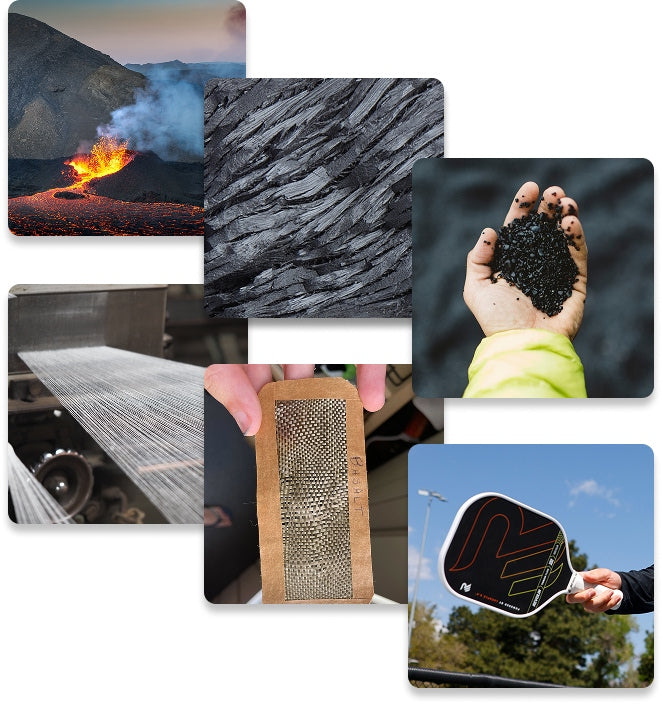 Collage of various images including a volcanic eruption, textured material, a hand holding black seeds, a woven mat, a wooden tool with metal mesh, and a paddle ball. The images are arranged in a grid format.