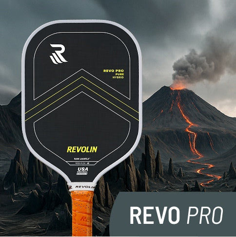 Revo Pro Pickleball paddle with 'Revolin' branding against a volcanic background