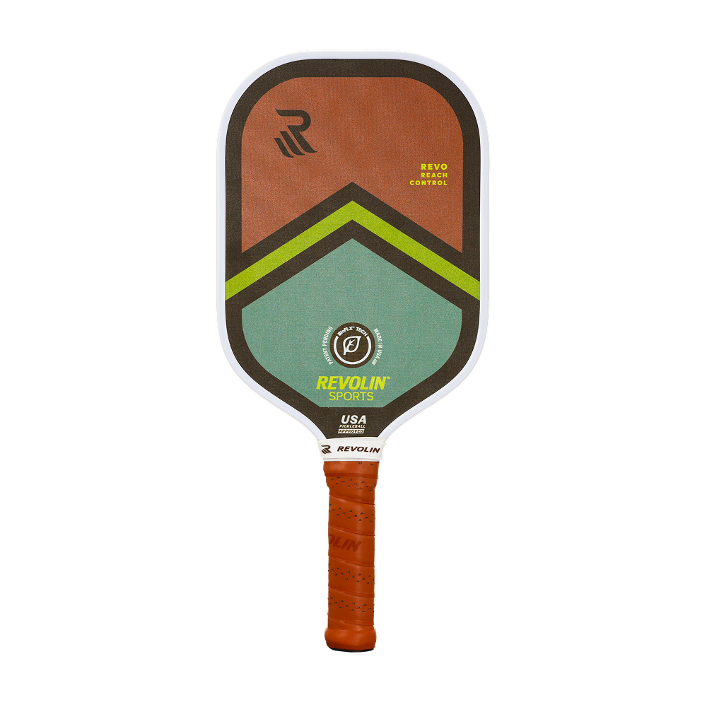 Revolin Revo Reach Control pickleball paddle with orange, green, and black design on a white background