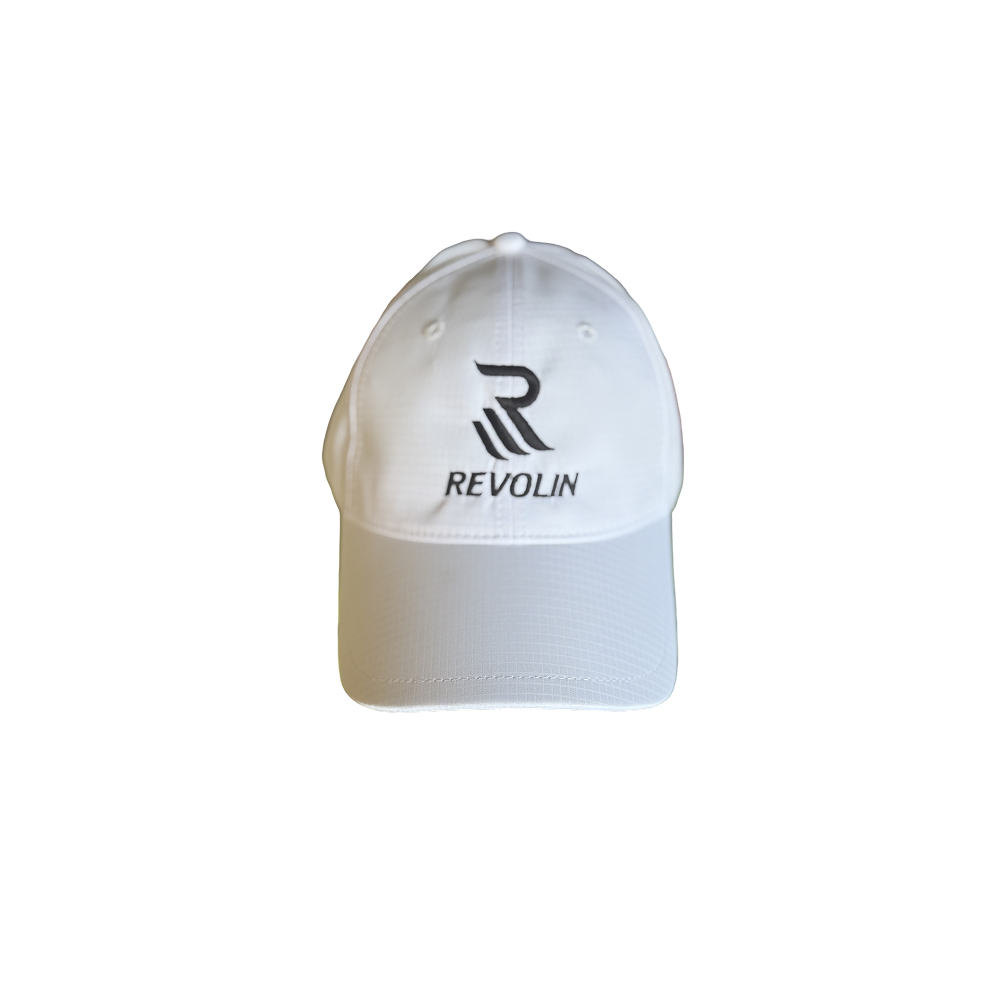 White cap with Revolin logo on a white background